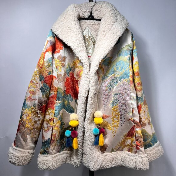 NWT JOHNNY WAS Peony Jacquard Coat with Sherpa Trim and Pomp-pomp Tassels M - Picture 3 of 9